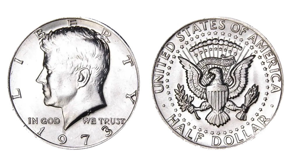 Kennedy half dollar edge comparison — left shows 1973 clad half with orange copper stripe, right shows silver half dollar with uniform silver-gray edge