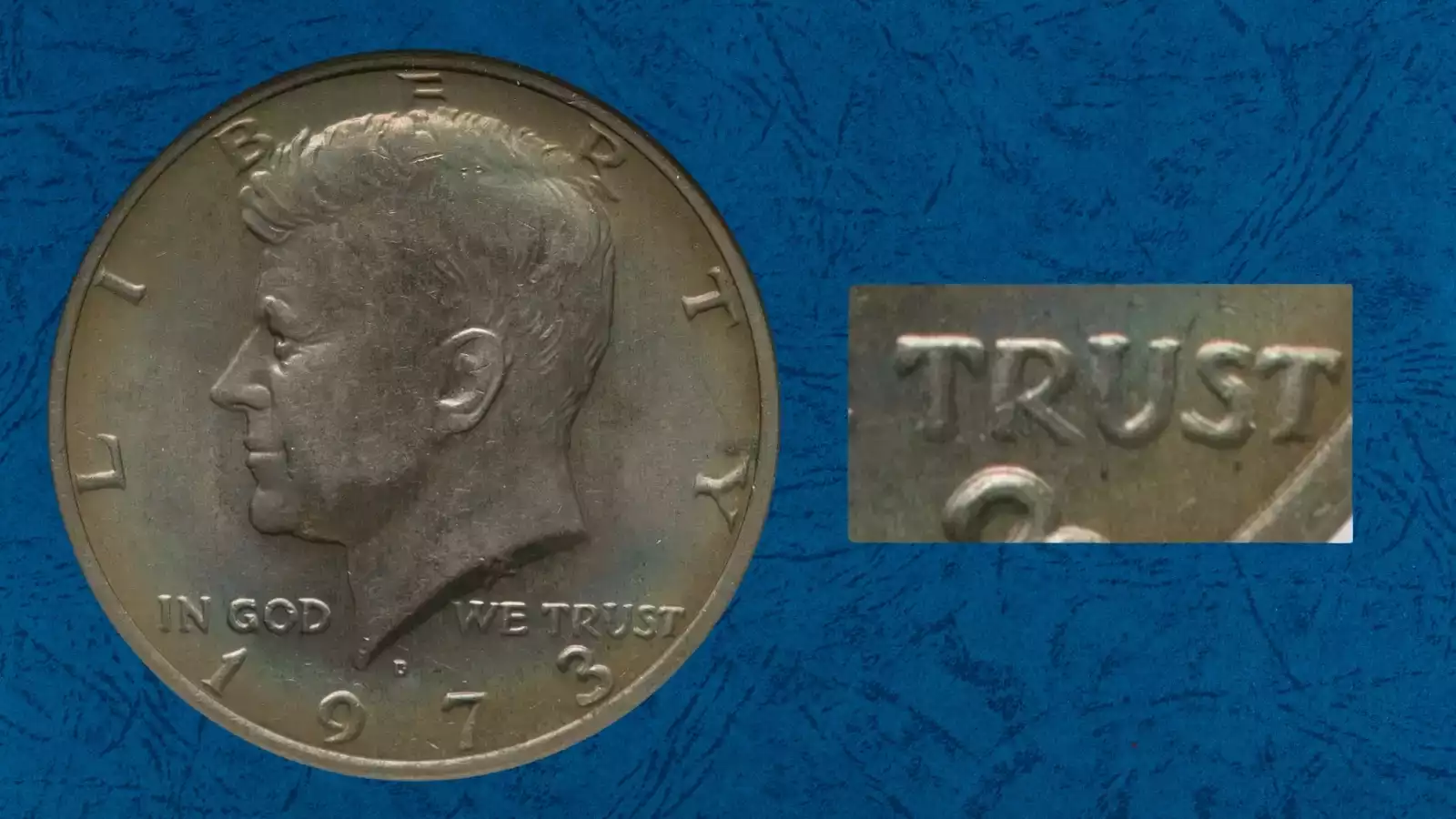1973-D Kennedy Half Dollar DDO FS-101 Doubled Die Obverse close-up showing secondary doubled impression on IN GOD WE TRUST and LIBERTY lettering