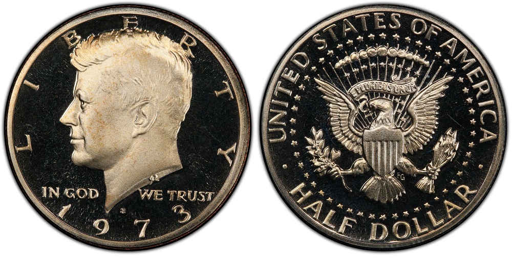1973-S Kennedy Half Dollar Proof Deep Cameo showing frosted JFK portrait against mirror-black fields with dramatic cameo contrast