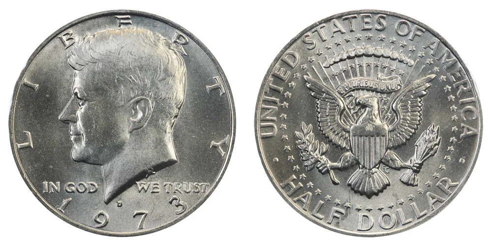 1973 Kennedy Half Dollar grading strip showing four condition tiers from heavily circulated to gem uncirculated with brilliant original luster